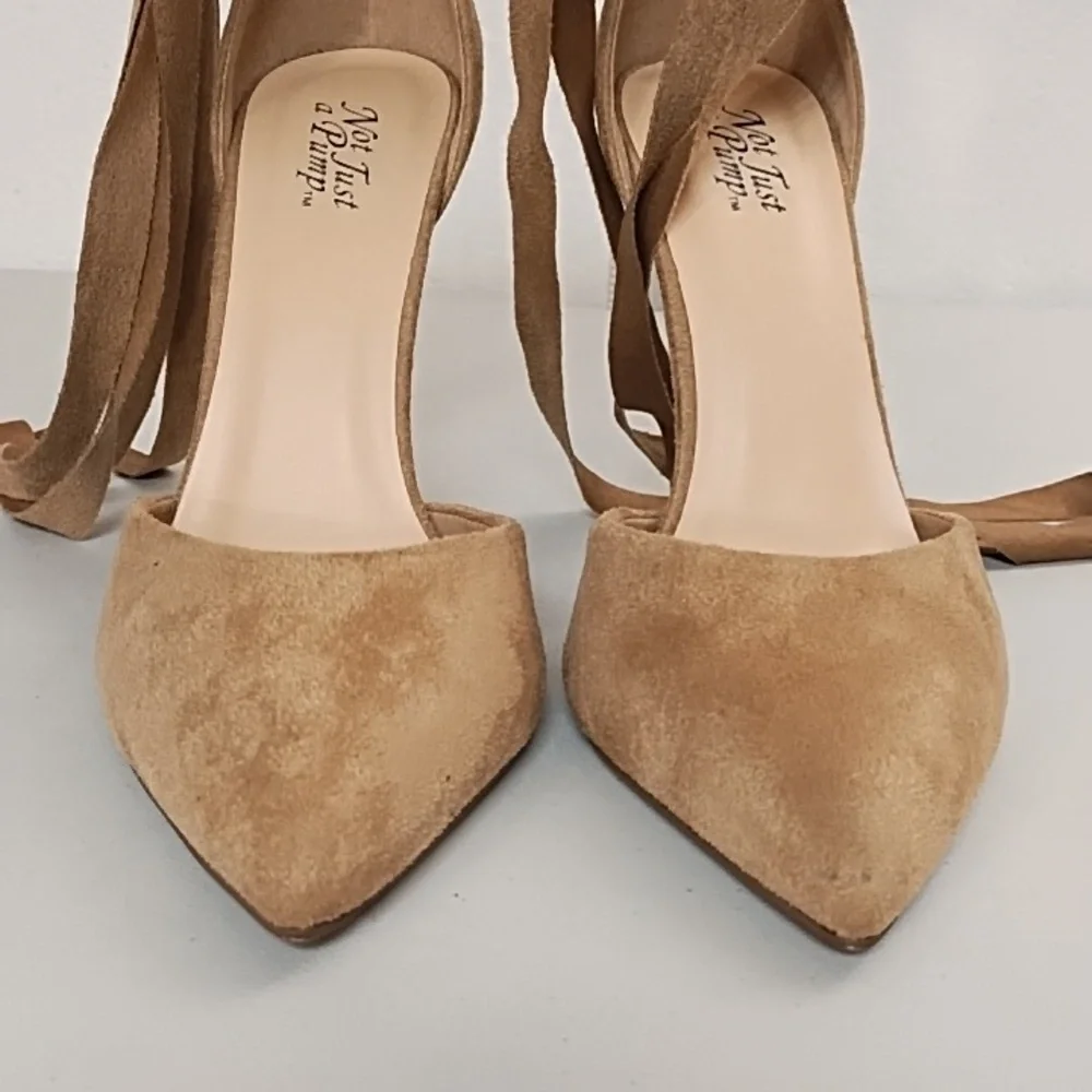 Not Just A Pump 7 Vegan Tan Suede High Heel Ankle Tie Boho Dress Shoe Jean Shoe